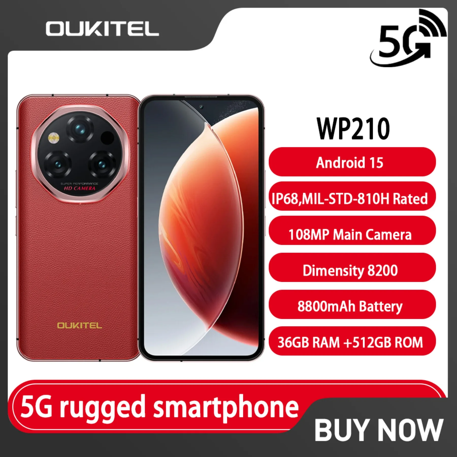 OUKITEL WP210 Rugged Phone Dimensity 8200 NFC 36GB+512GB 8800mAh 45W 6.7