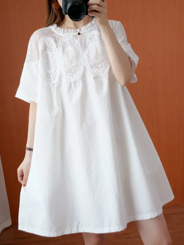 

Short Sleeve Oversized Lace Mesh Vintage New in Dresses for Women Casual Loose Mini Summer Dress Elegant Clothes 2025 E7066