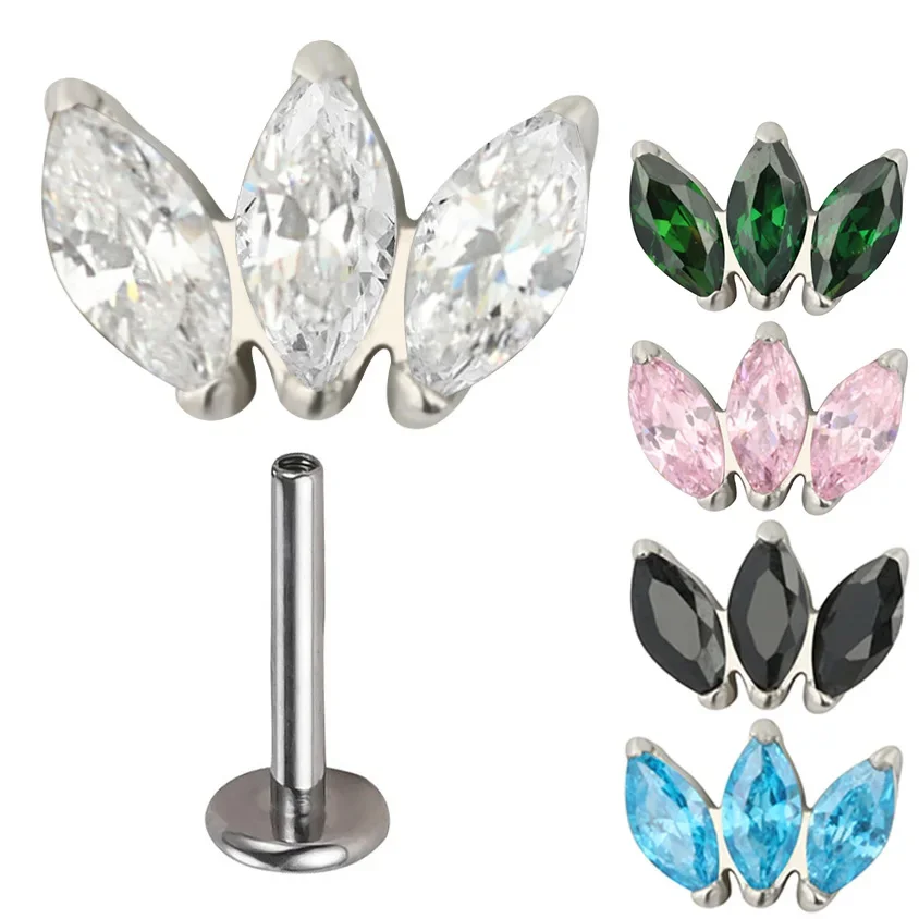 ASTM F136 Titanium EAR PIERC 3 Marquise Zircon Paved Top Threaded Labret Studs Tragus Pircing Earrings Lip studs Body Jewelry