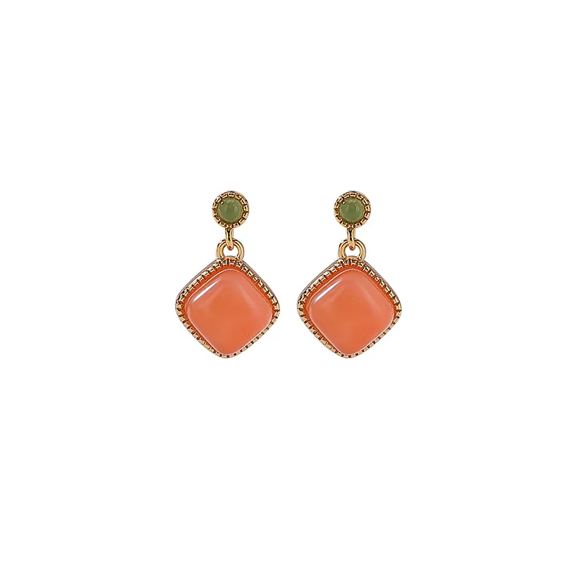S925 Sterling Gold-Plated Red Agate Amber Rhombus Earrings Elegant Square Silver Ear Jewelry 5