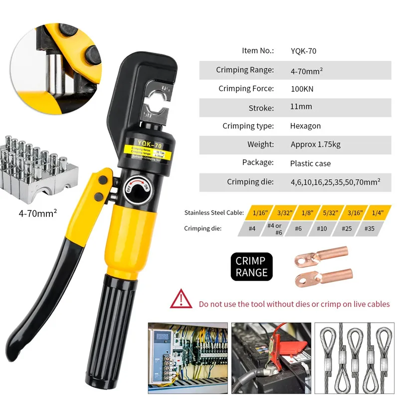 4-70mm² Hydraulic Crimping Pliers YQK-70 Pressure 10T Home Hydraulic Tools Hydraulic Pliers DIY Cable Terminal Crimping Pliers