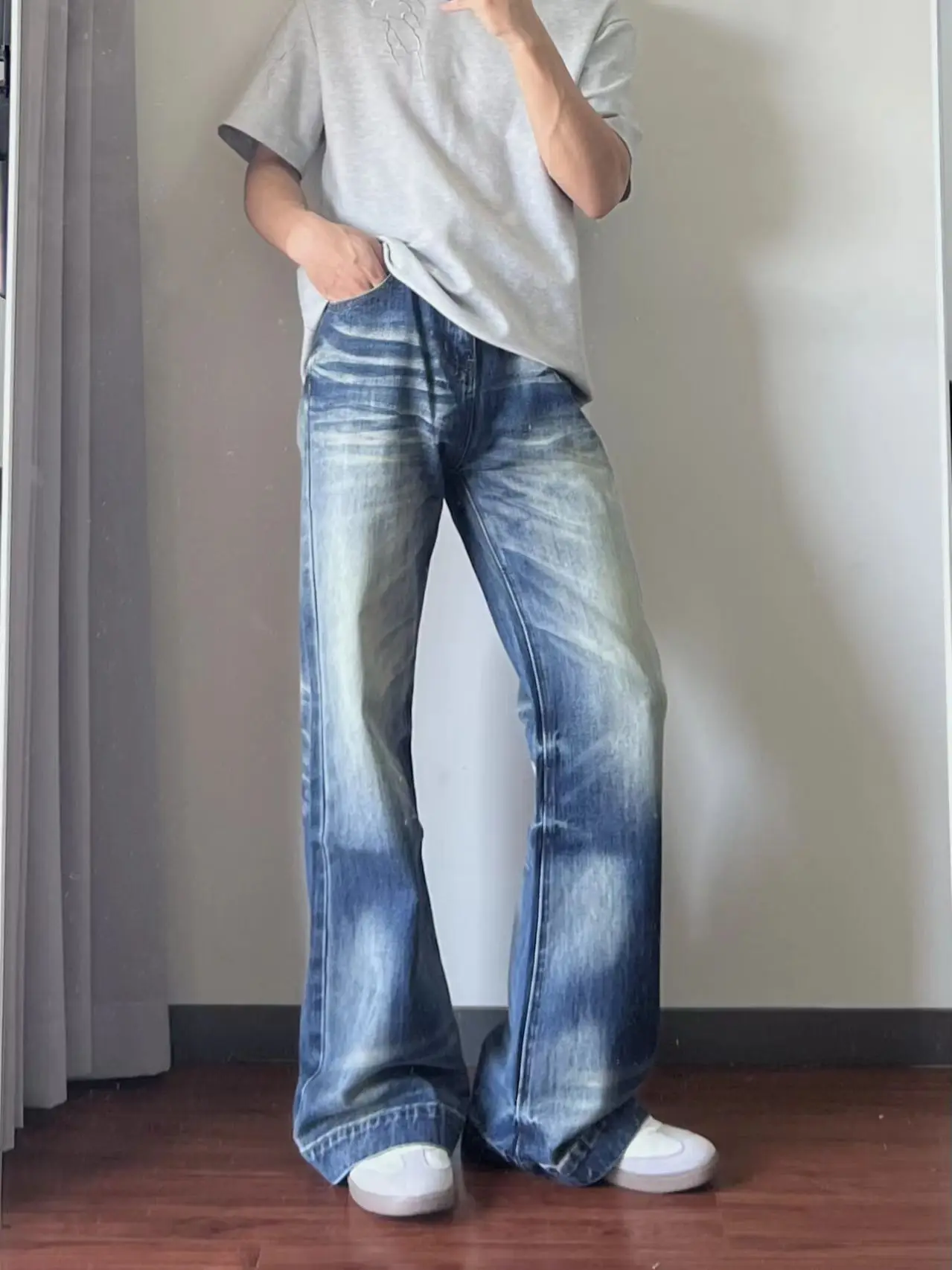 

Retro American Washed Blue Mustache Cleanfit Jeans Loose Straight Leg Micro Flared Casual Long Trousers for Men