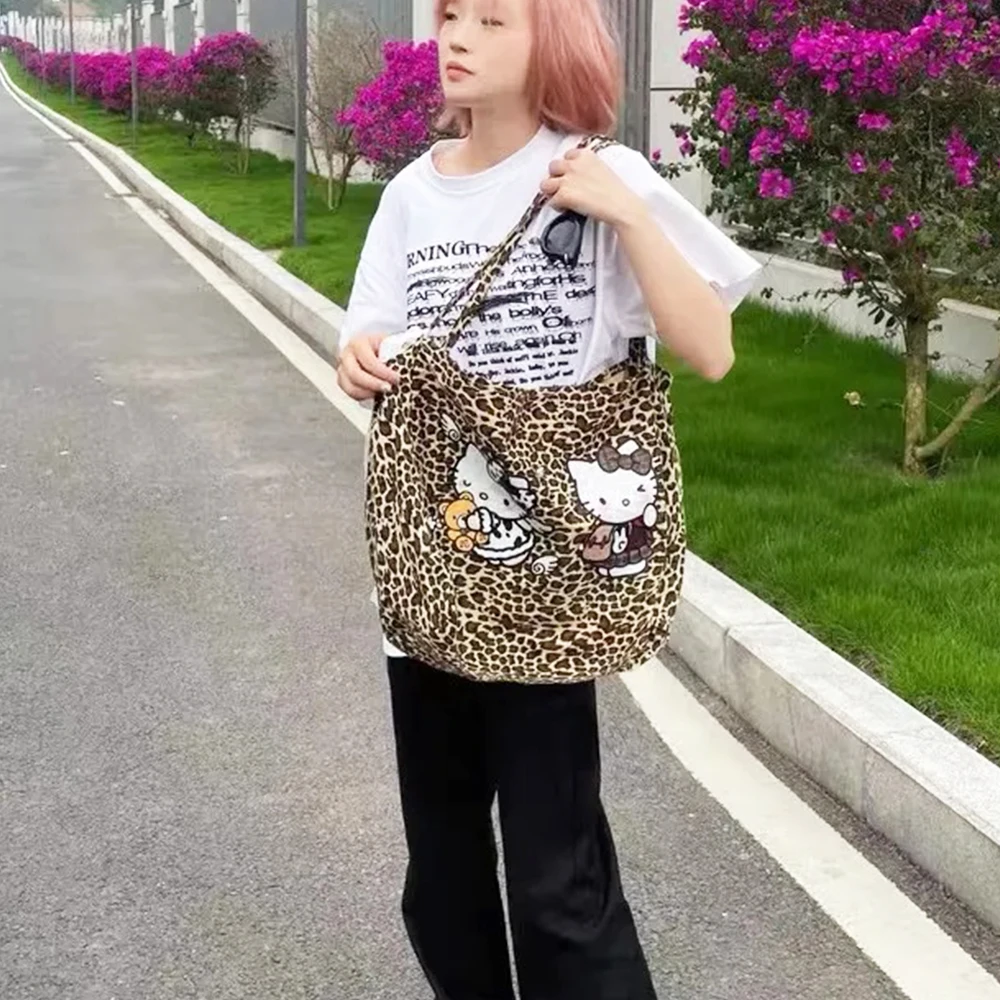 Hello Kitty Sanrio Y2K Leopard Tote Bag Anime Handbag Kawaii High-Capacity Shoulder Bag Cartoon Women Bags Axillary Pouch Gifts