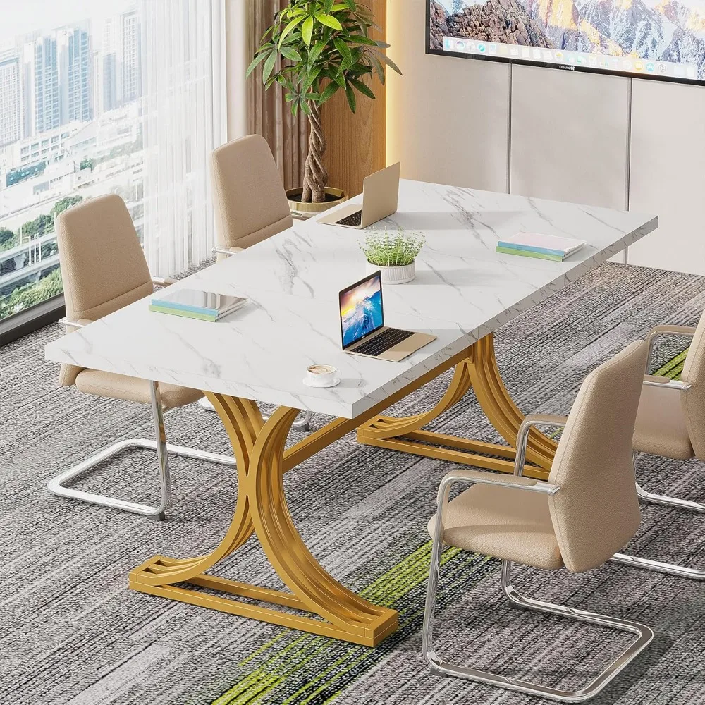 

5FT Conference Table for 4 to 6, 63" W x 31.5" D Modern Meeting Table with Faux Marble Tabletop, White and Gold Business Semina