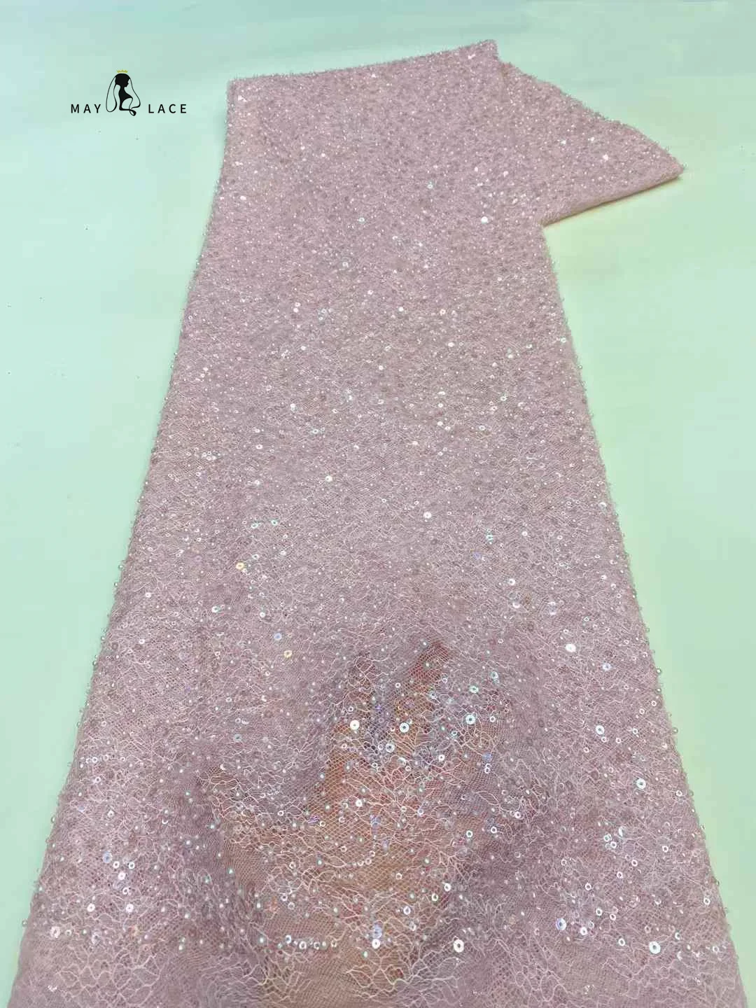 

2025 Luxury African Lace Fabric 5 Yards Pink Lace Sequins Tulle Lace Fabric Embroidered Nigerian Fabric for Wedding Dress Sewing