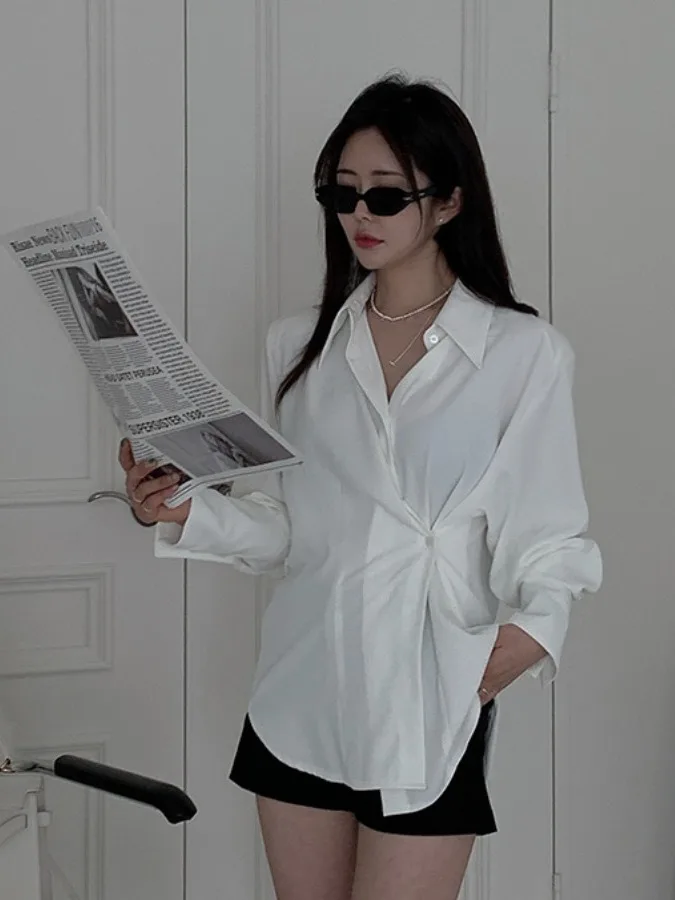 Chic Retro White irt Colletto a bottone singolo da donna Ele Aosphere Coreano Sle Vita stretta Top lungo per ragazze Sve