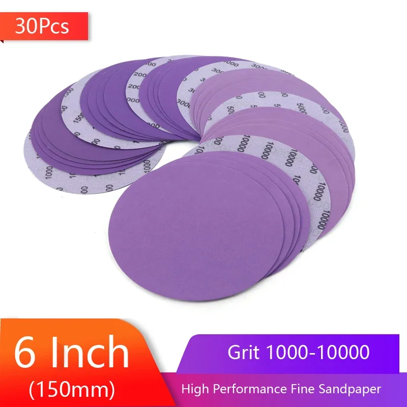 

30 шт. 6-дюймовые шлифовальные диски с крючками и петлями, зернистость 1000-10000, тонкая наждачная бумага, влажный сухой оксид алюминия для полировки автомобиля, отделка краски