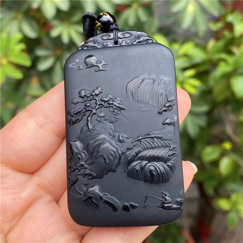 Natural Hetian Landscape , Black Jade Double-Sided No Worries Pendant Men