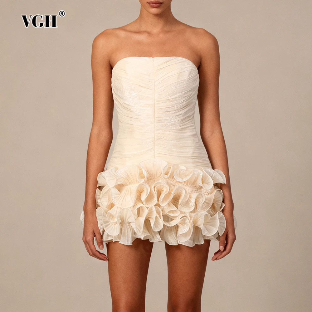 

VGH Off The Shoulder Peplum Short Dress for Women Strapless Sleeveless Pleated Tunic Backless Hotsweet Party Dresses Female New