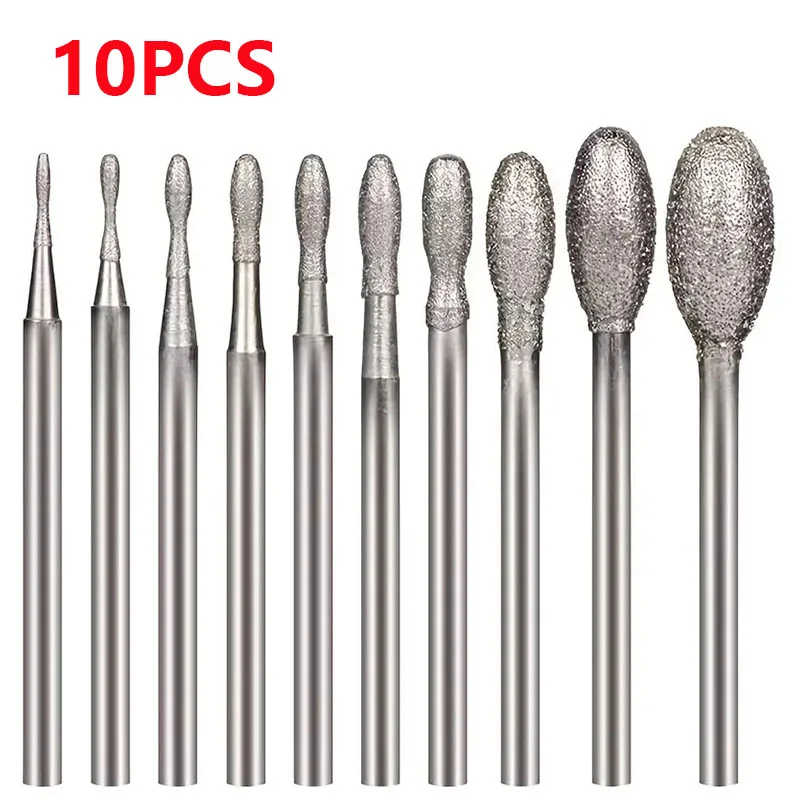 10 stuks diamantbraam, 3/32 inch schacht steenhouwen bits voor Dremel roterend gereedschap (ovale vorm)