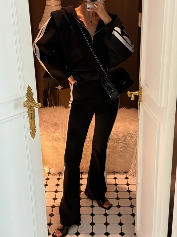 Chique Vintage Gestreepte Lange Sve Hoodie Jaet Vrouwen Casual Hoge Taille Veelzijdige Loose Fit Broek Herfst Faion Streetwear