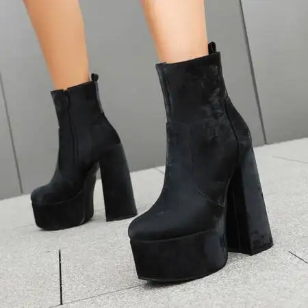 2024 2025 New Autumn Winter Women Ankle Boots Plus Size 22.5-28cm Flock Upper Women Modern Boots Side Zip Platform Women Shoes