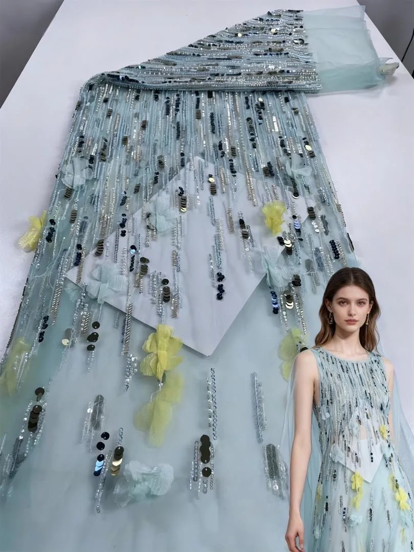 Lussuoso tessuto di pizzo africano nigeriano con perline 2025 Tessuto di pizzo francese con ricamo floreale con paillettes di alta qualità per abito da cucire