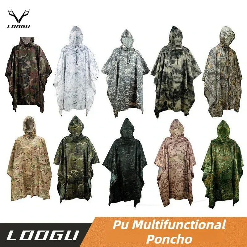 PU Breathable Camouflage Poncho Jungle Tactical Raincoat Bionic Birdwatching CS Hunting Ghillie Suit Travel Hiking Rain Gear