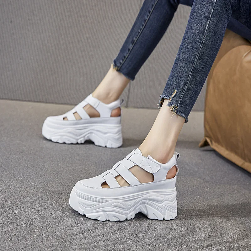 

Женские босоножки на танкетке, из натуральной воловьей кожи, 8 см