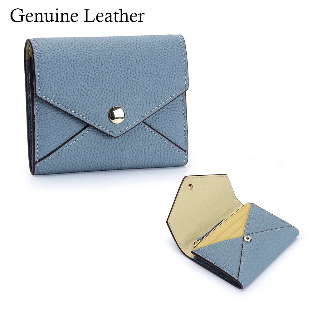 Genuine Leather Ladies Women Card Wallet Top Grain Leather Short Bifold Wallet Brand Design Color Block Mini Card Coin Purse
