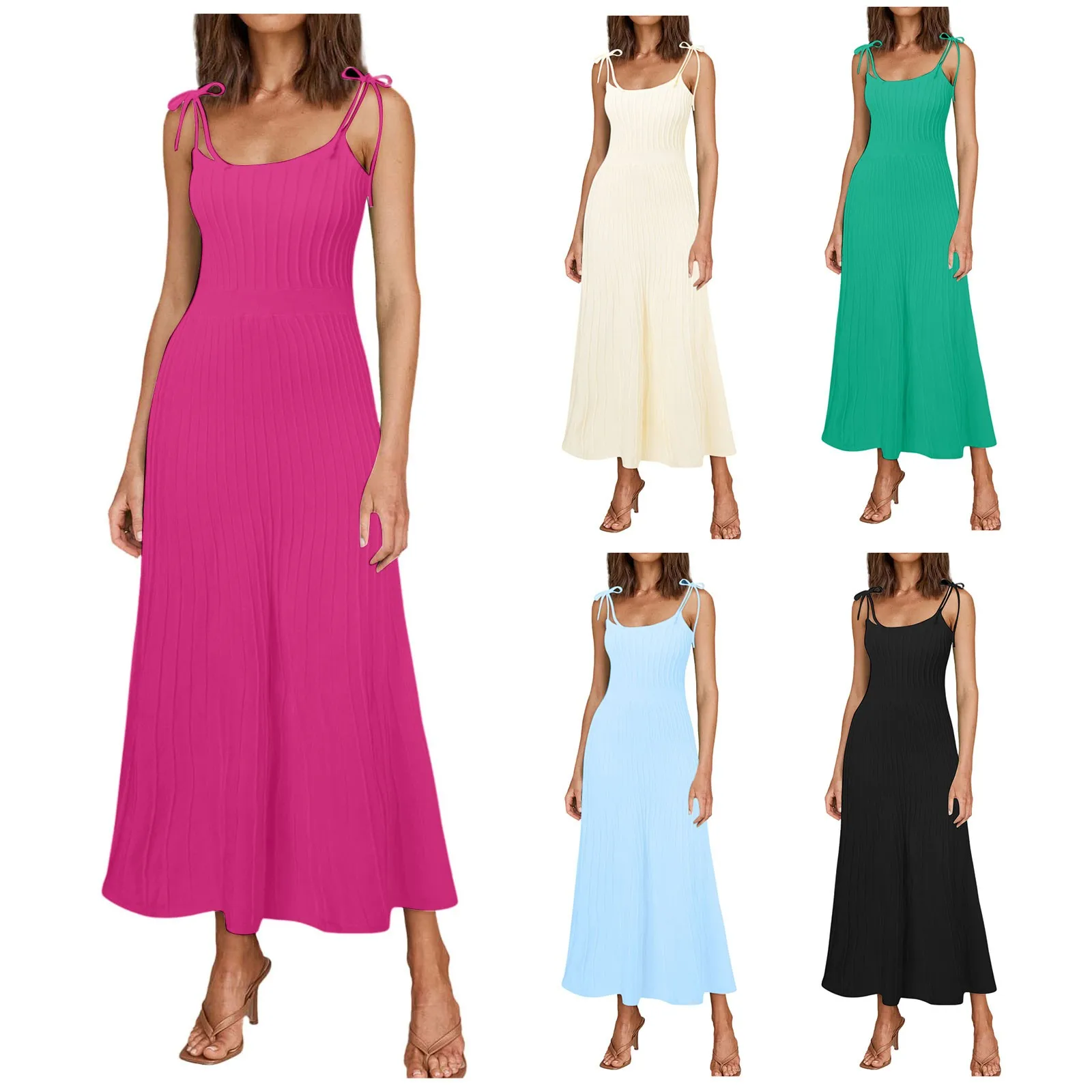 

Long Sleeve Womens Swing Dress Women's 2024 Summer Maxi Dresses Tie Spaghetti Strap Square Neck Ribbed Knit Womens Glamour Dress