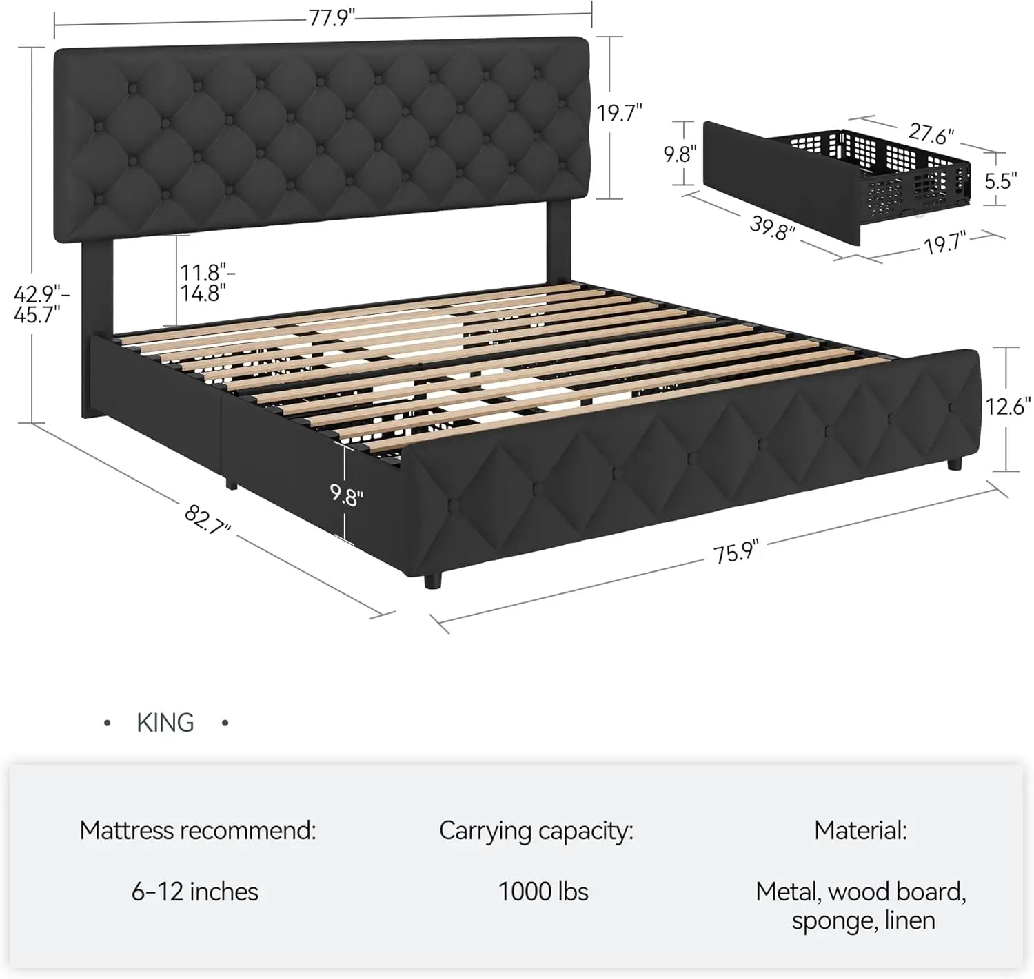 IDEALCertificates-Cadre de lit King Size avec 4 égouts de proximité de stockage, lit en lin avec planche de sauna réglable, Diamond S