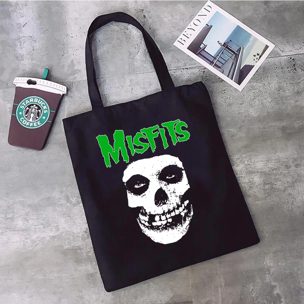 Skull Misfits Shopping Bag Canvas Tote Bags for Women Handbags Hip Hop Cartoon Black Eco Bag Reusable Shopping Bag