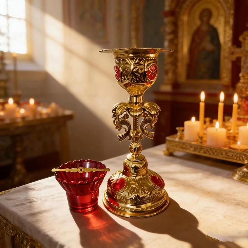 

Luxury Gold Plated Orthodox Altar Vigil Lamp Candle Holder with Red Enamel for Church Liturgy Home Altar Prayer Devotion Gift
