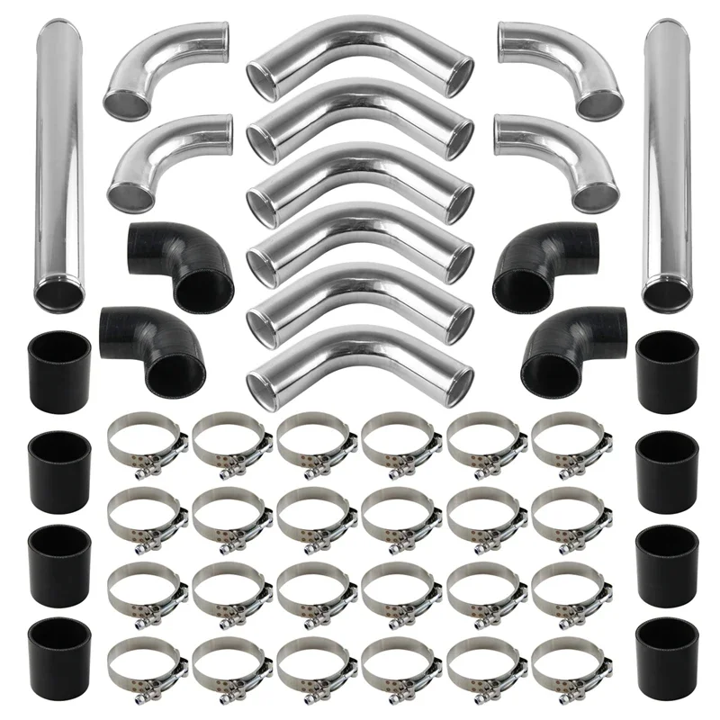 

New Black/Sliver Aluminum 12Pcs Universal 2.75" Inch Intercooler Piping Turbo Kit +T-Bolt Clamps + Blk Silicone Hose Coupler