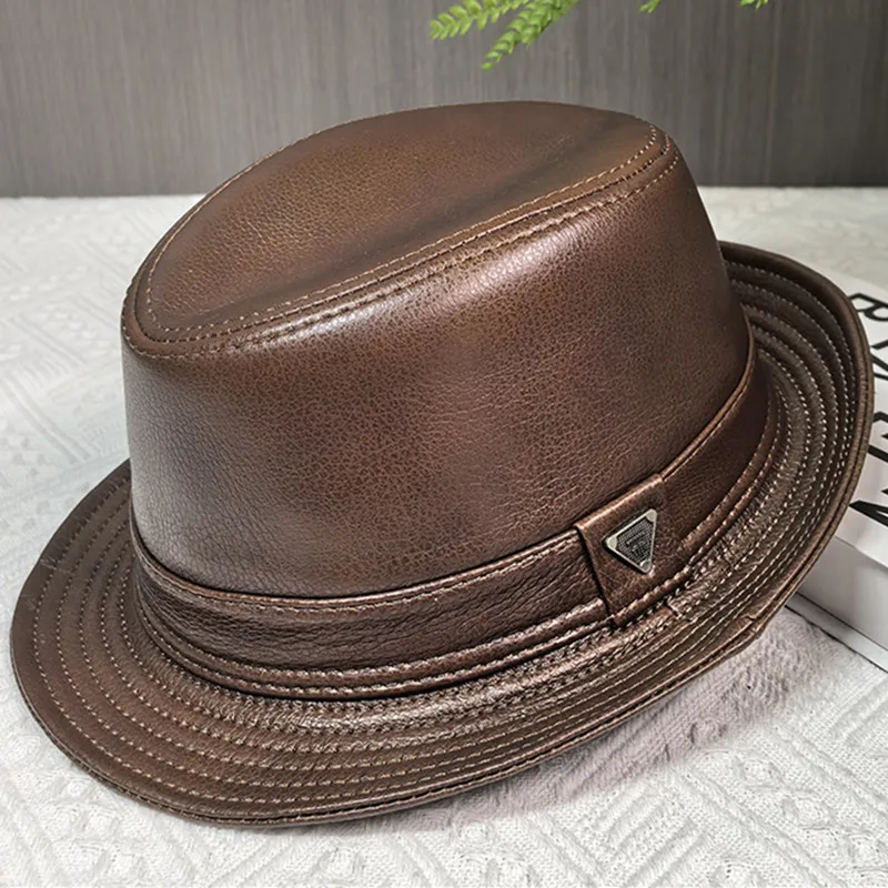 New autumn winter natural Genuine leather hat fedoras For men Western Cowboy British Trendy Middle aged Gentleman cowhide cap
