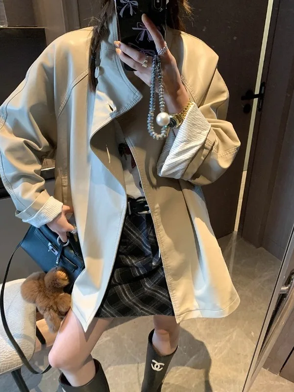 سترة من جلد البولي يوريثان عالية nce مع حزام وياقة واقفة وخصر حزام طويل للنساء الشابات في الخريف #1