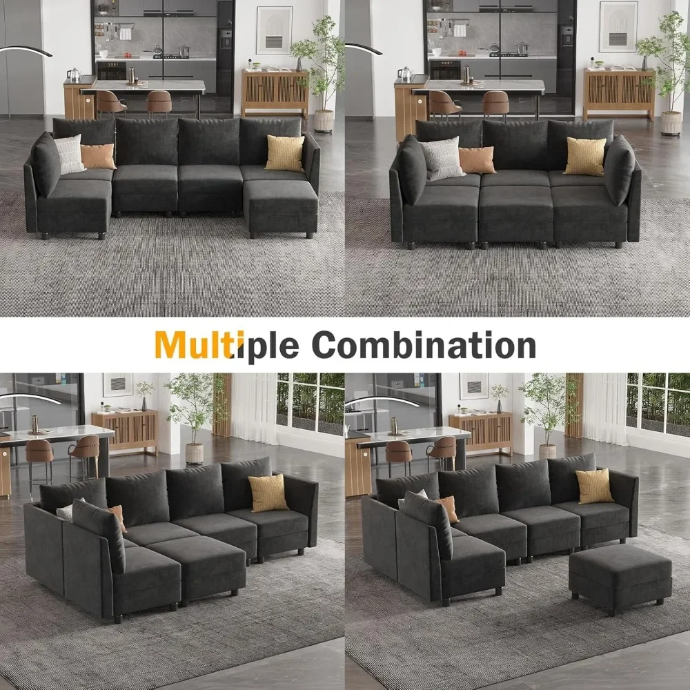 Sleeper Sofa Modular Sectional , 6 Seats Sleeper Couch Storage Ottomans,Chenille Sofa Set USB Charging Ports, Comfy Bed Couches