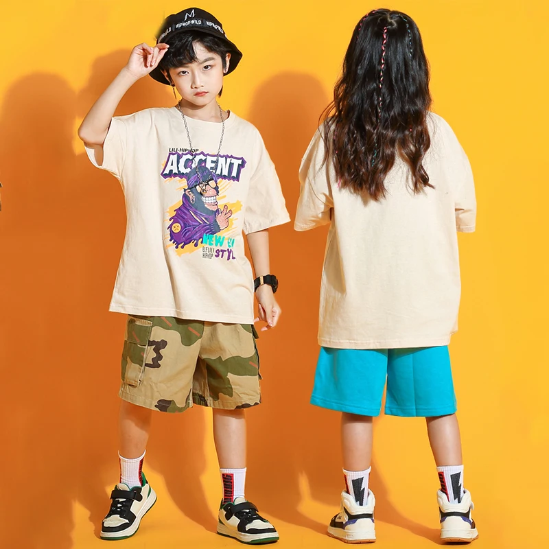 Girls Boys Jazz Dance Costumes Kids Hip Hop Clothes Short Sleeved Top Camouflage Shorts Kpop Outfit Street Dancewear SL7077