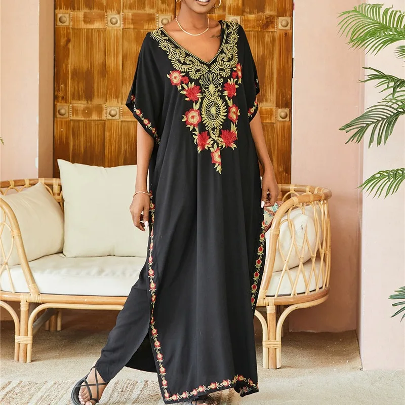Women Cotton Beach Cover Up Dress with Floral Embroidery Loose Fit Swimwear Overlay for Vacation Sun Protection and Resort Wear