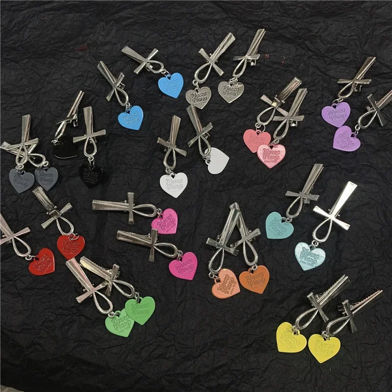 

1pc New Y2k Letter Hairpin for Girl Sweet Wild Wind Bangs Colorful Heart Hair Clip Silver Cross Metal Hair Accessories for Women