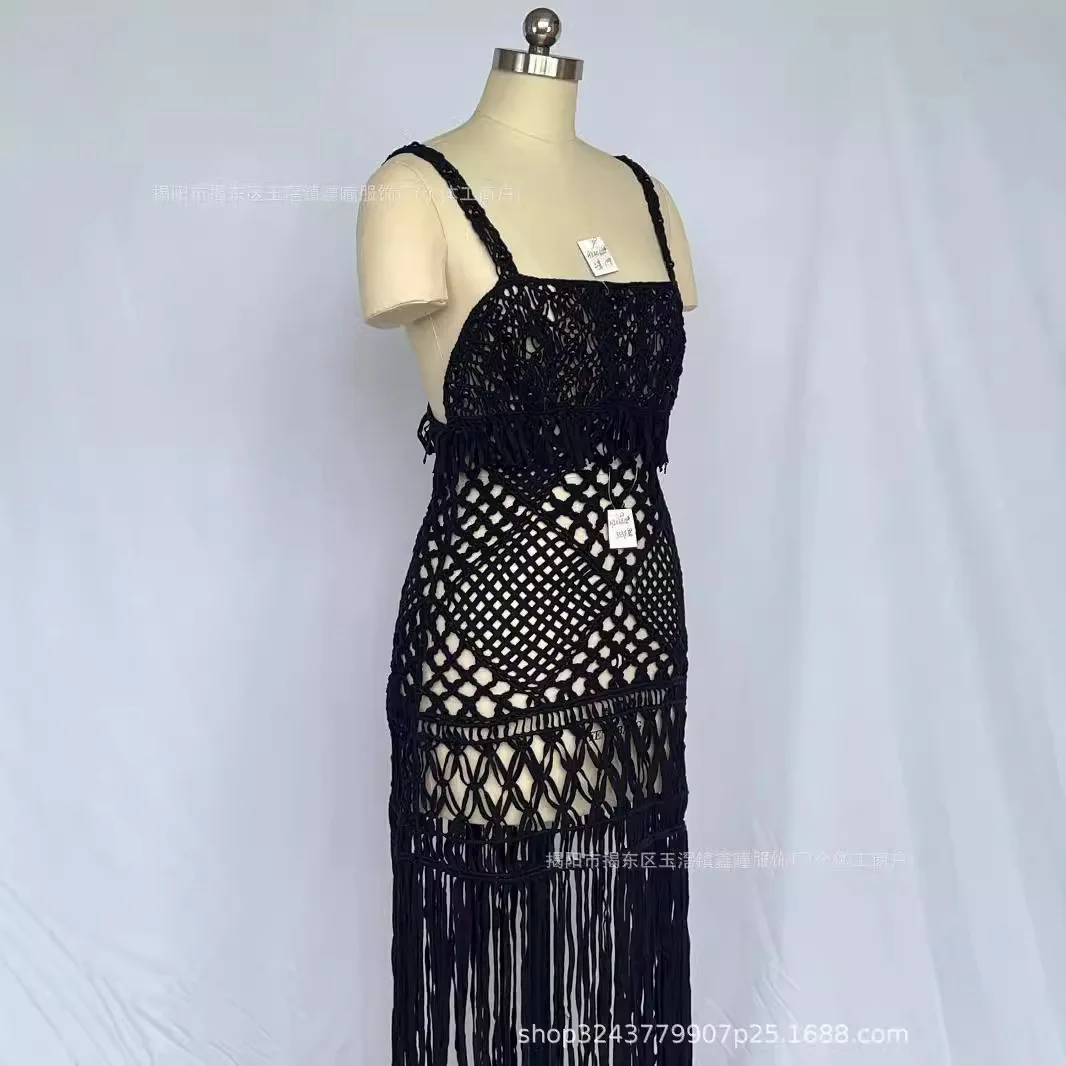 H240412 Hand-woven Intangible Cultural Heritage Tassel Sundress, High-end Banquet Dress, Splicing Backless Haute Couture Style