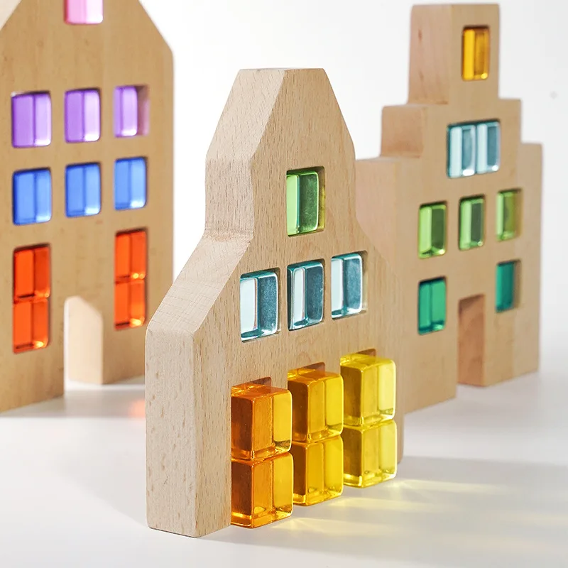 Wooden Houses Lucent Cubes Translucent Blocks Rainbow Acrylic Building Stacking Blocks Open Ended Play Toys for Children Gift