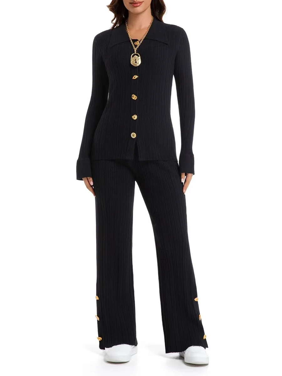 VGH Elegant Solid Slimming Two Piece Sets For Women Lapel Long Sleeve Spliced Button Top High Waist Pants Casual Set Female New