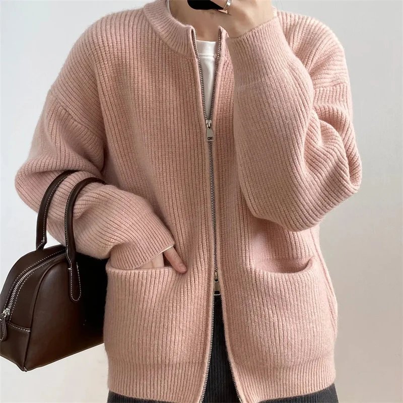 Versatile Retro Lazy Style Style Pit Striped Double Zip Knitted Cardigan Women's Solid Color Advanced Feel Loose Sweater Coat