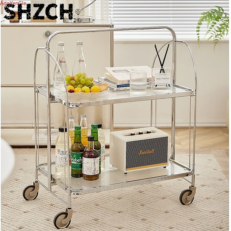 Transparent Glass Moving Side Table with Wheels Folding Trolley Corner Storage Shelf