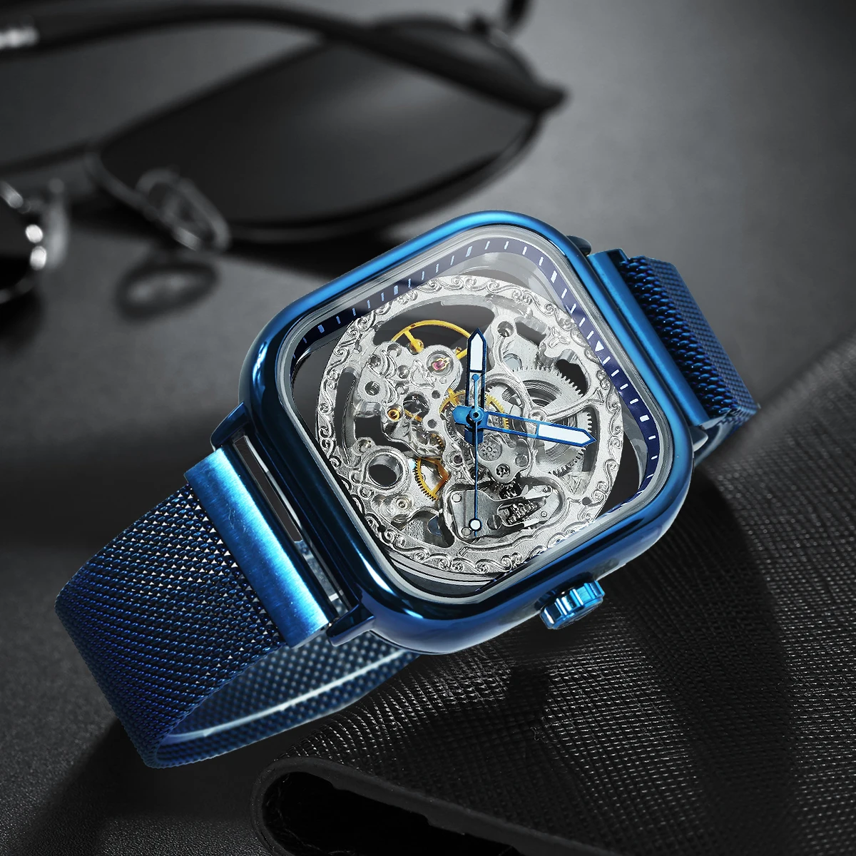 Forsining Square Skeleton Automatic Watch for Men Luminous Hands Engraved Movement Luxury Mechanical Watches Mesh Steel Strap