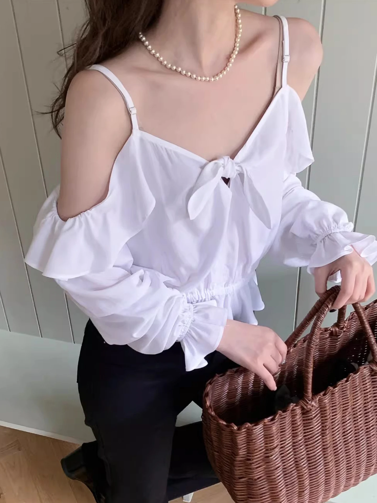 

Sexy Shoulder Bared Knot Strap Shirt Women's Summer New Style Short Long Sleeve Blouse Korean Version Loose Fit Pol...