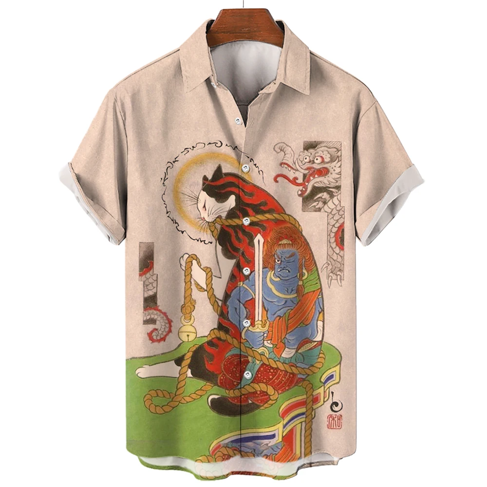 Hawaiian Shirt For Men Japanese Harajuku Cartoon Cat 3D Printe Animal Shirts Summer Short Sleeve Oversized Shirt Unisex Clothes