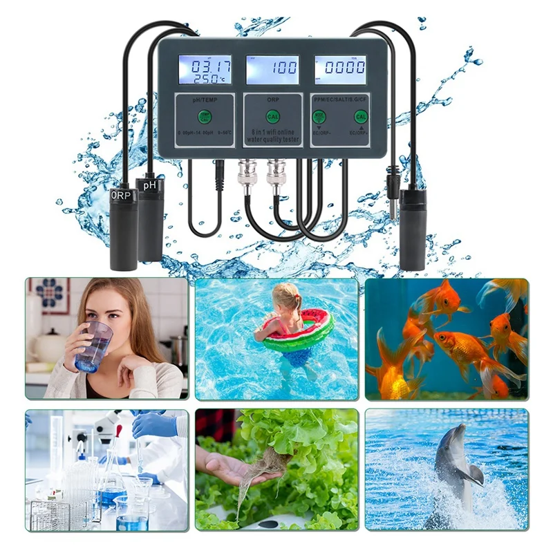 8-In-1 Rechargeable Water Quality Tester Tool S.G PH EC Salt ORP TDS CF Temp Multi Parameter Test For Aquarium Promotion