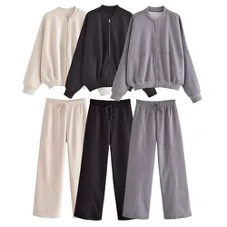 HH Women Solid Pant Sets Zipper Long Sleeve Coat Bomber Jacket + Drawstring High Waist Trousers Fashion Streetwear Suit