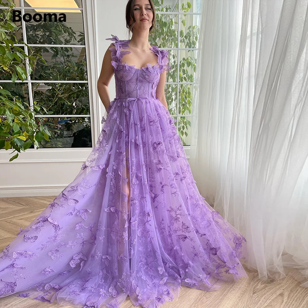 

Booma Lavender Butterfly Lace Maxi Prom Dresses Strapless Sleeveless High Slit A-Line Wedding Party Dresses Formal Evening Gowns