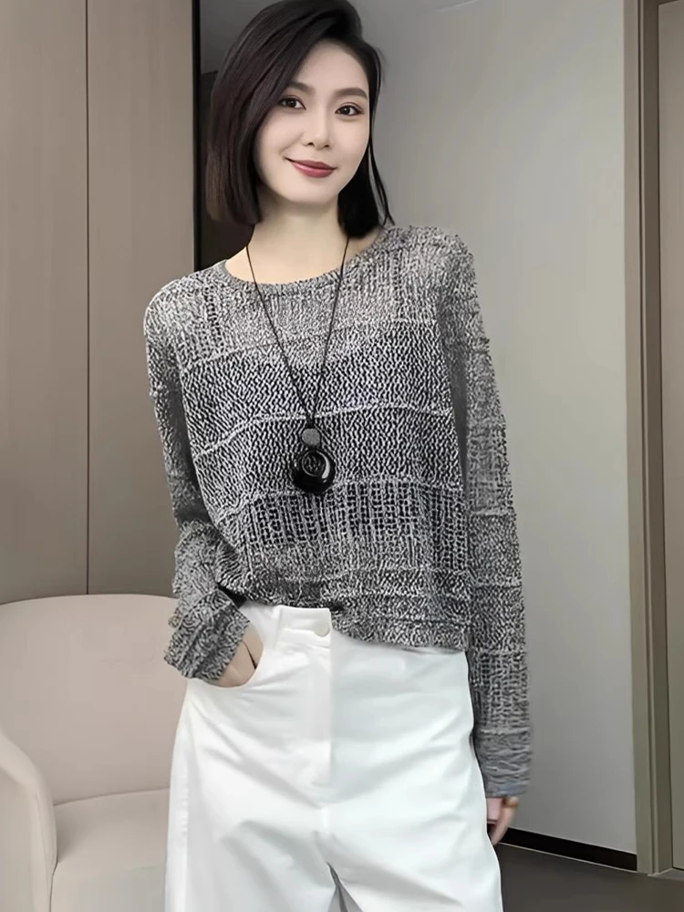 

Retro Hollow out Design Long Sve Knitted Sweater Women's Loose round Ne Spring Faionable Top Korean Sle Comfortable Fit