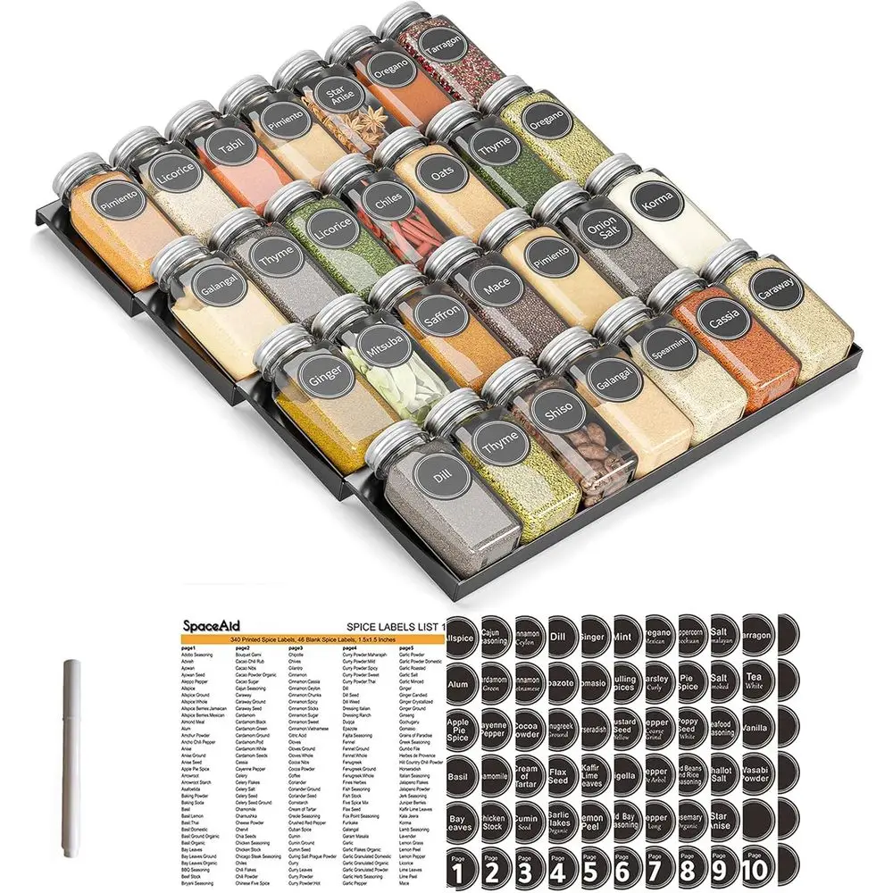 

Organizer with 28 Spice Jars, 386 Spice Labels, 4 Tier Rack Tray Insert, 13 Wide x 17.5 Deep