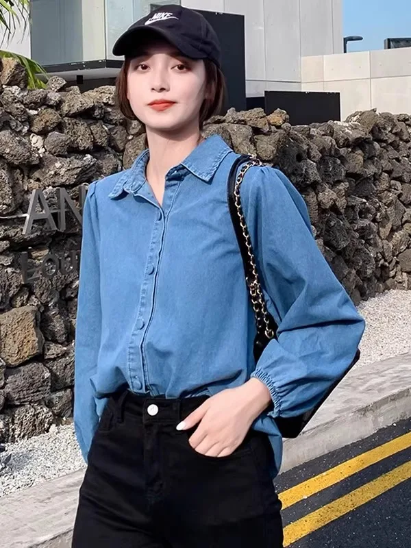 

Retro Korean Blue Long Sleeve Shirt Women's Loose Denim Jacket Top Breathable Cotton Polyester Blend Autumn Spring New Design
