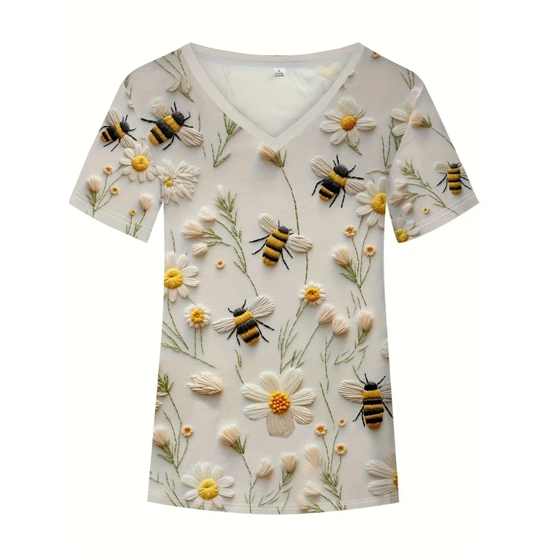 [Floral Embroidery T-Shirt] Women's Soft Polyester V-Neck Short-Sleeve T-Shirt - Bee and Floral Embroidery Print Casual Summer