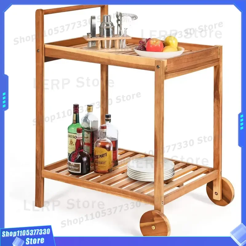 Acacia Wood Tea Service Trolley with 2 Trays Rolling Bar Cart for Terrace Outdoor Kitchen Storage Mobile Serving Station