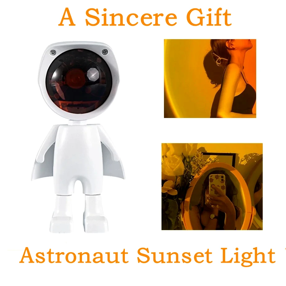 LED Seven Colors Sunset Light Astronaut Lamp 360Degree Rotation Rechargeable Ambient Light Rainbow Projection Sunset Night Light