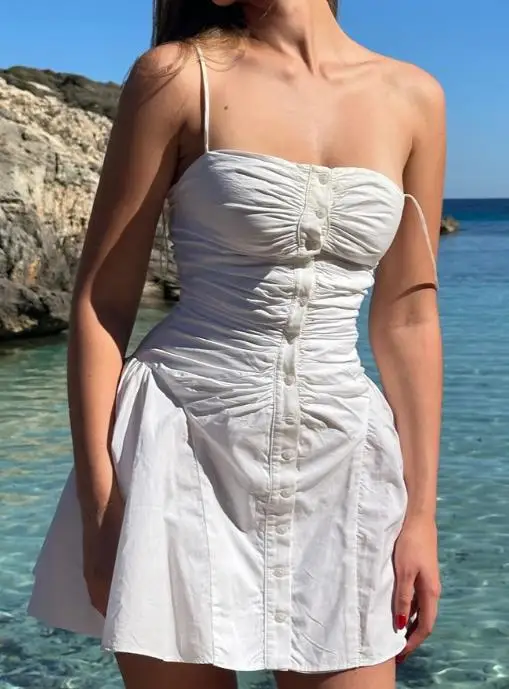 

Sexy Spicy Girl Button Up Vest Short Skirt Dress, Summer Women's Square Neck Pleated Button Up Waist Sleeveless Suspender Dress