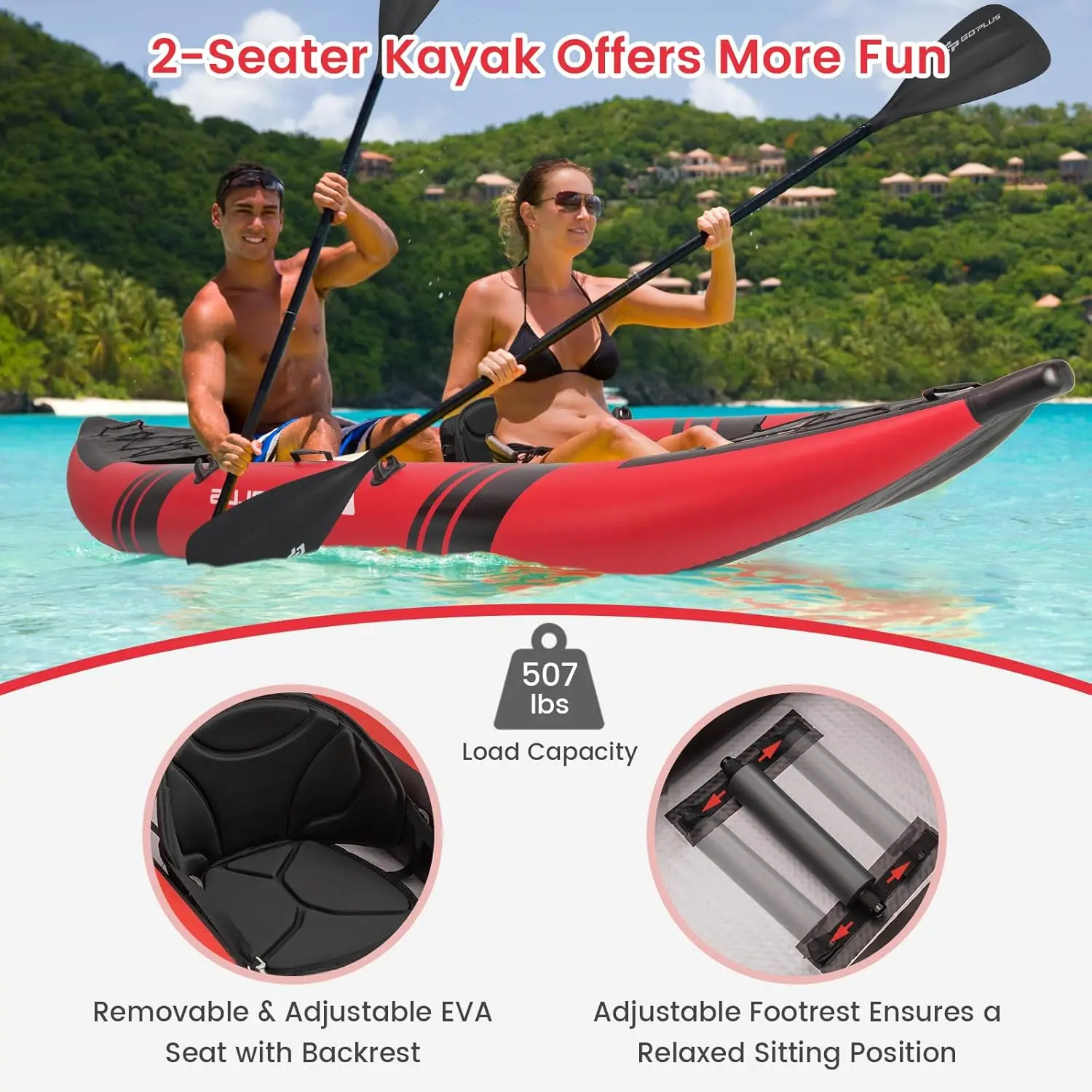 Inflatable Kayak, 2-Person Kayak Set for Adults with 507 LBS Weight Capacity, 2 Aluminium Oars, EVA Padded Seat, 2 Fins, Hand Pu